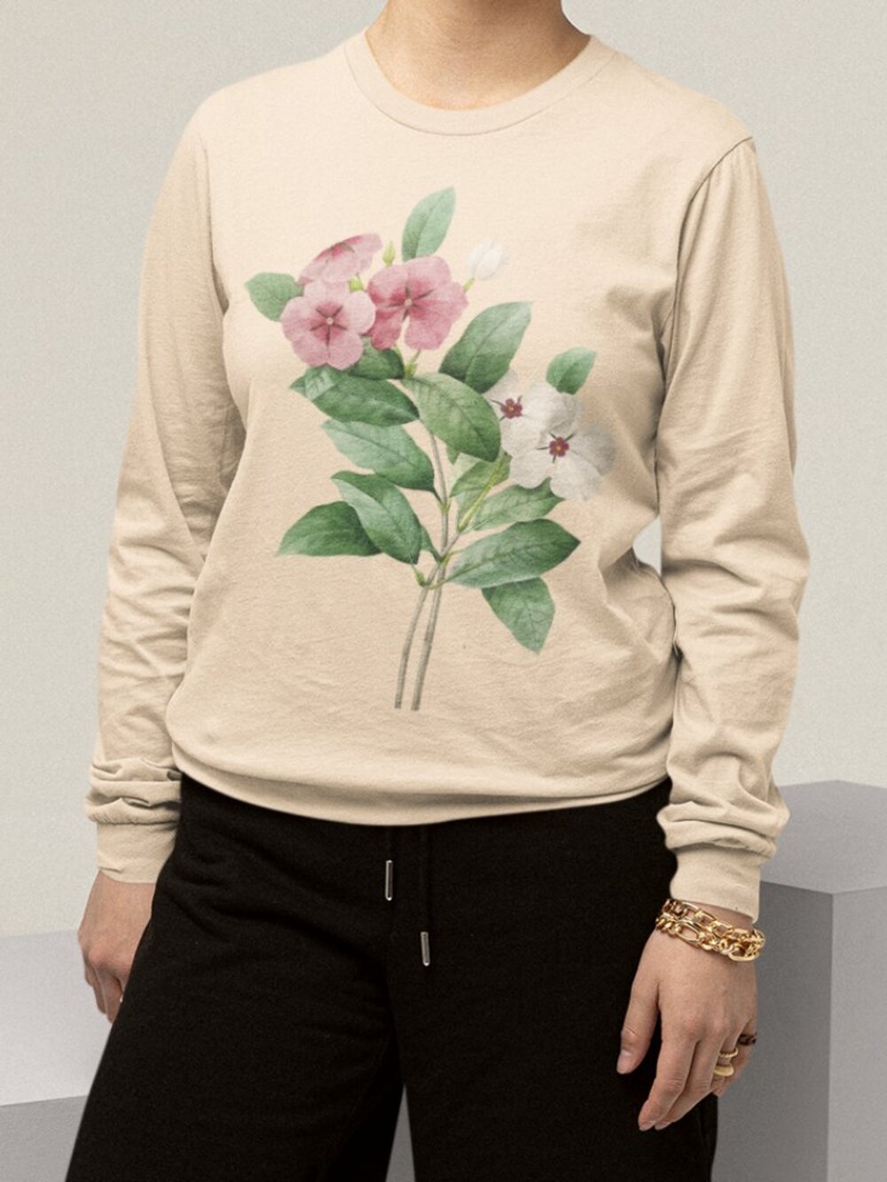 Periwinkle Vintage Floral Print Long Sleeve Graphic Tee T-shirt S-XXL - Picture 4 of 6